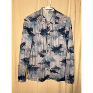 1970s Dusty Blue Navy Scenic Oriental Forest Woods Painting Disco Dagger Shirt S